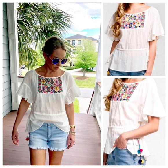 Impeccable Pig Embroidered Top with Pom Pom Side Waist Ties - Picture 5 of 14